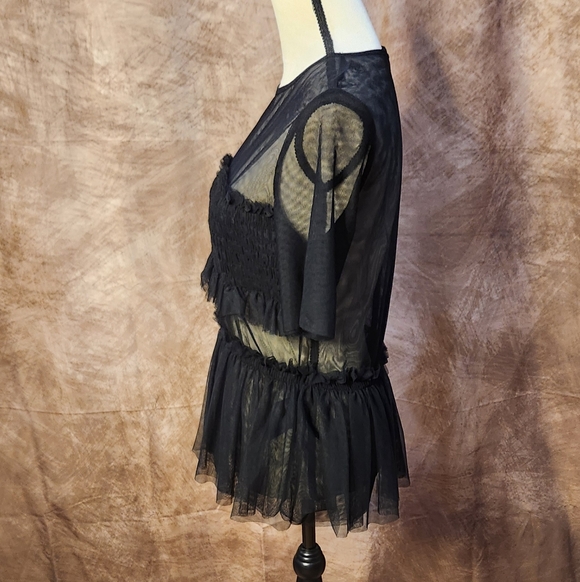 Sheer Mesh Smocked Ruffle Peplum Top – Black – Size US 4 - Picture 4 of 6